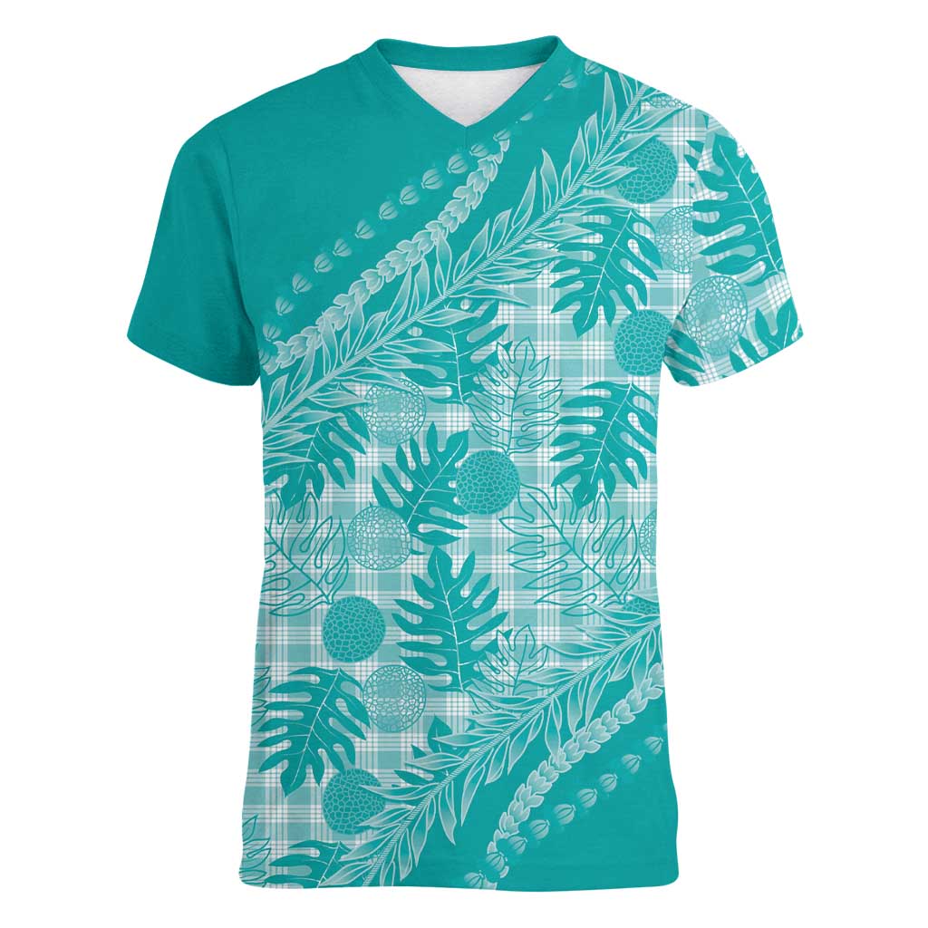 Hawaii Breadfruit Palaka Women V-Neck T-Shirt Polu Opal Maile Lei - Polynesian Pride