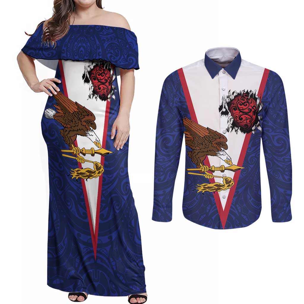 American Samoa Heart Tribal Personalized Couples Matching Off Shoulder Maxi Dress and Long Sleeve Button Shirt Polynesian Patterns