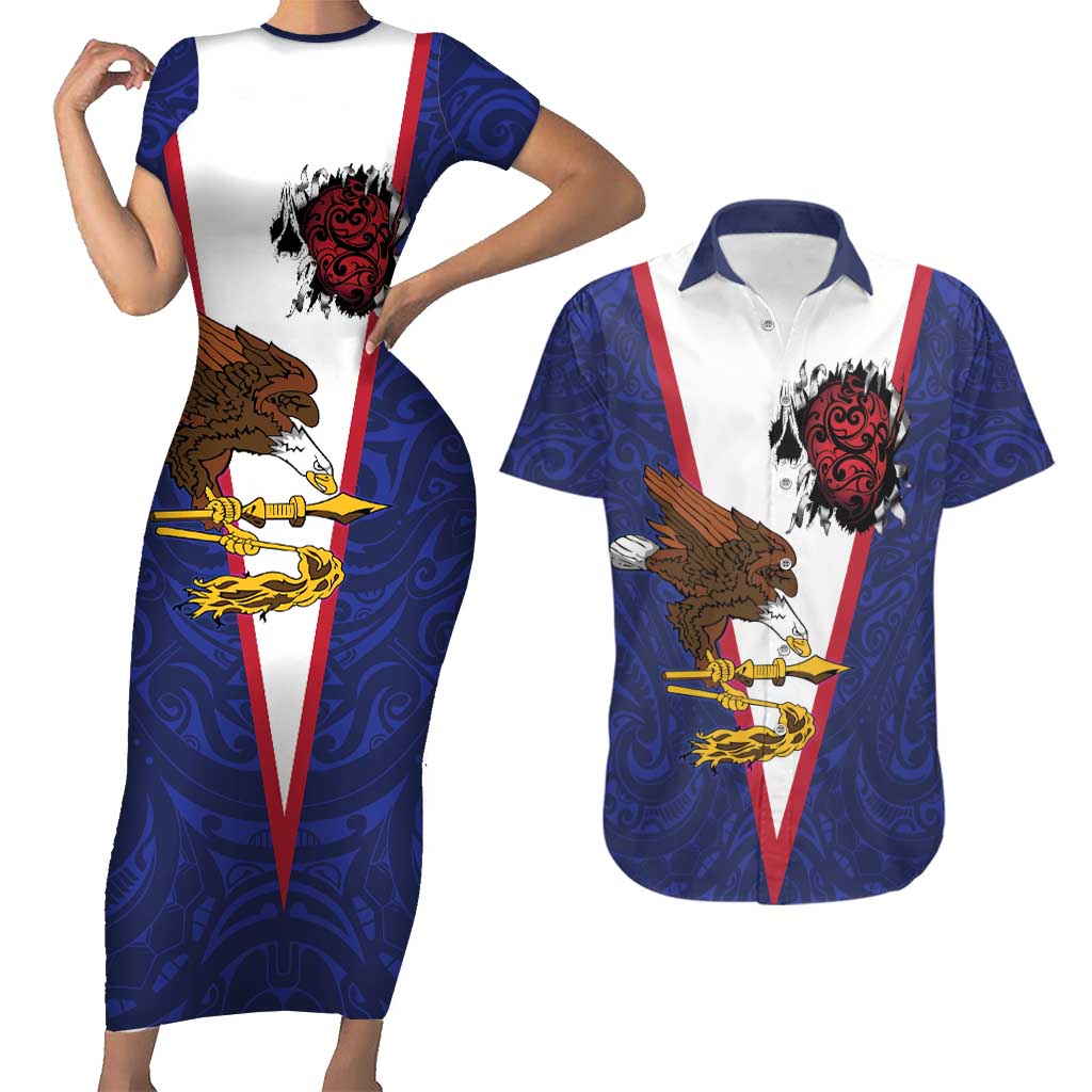 American Samoa Heart Tribal Personalized Couples Matching Short Sleeve Bodycon Dress and Hawaiian Shirt Polynesian Patterns