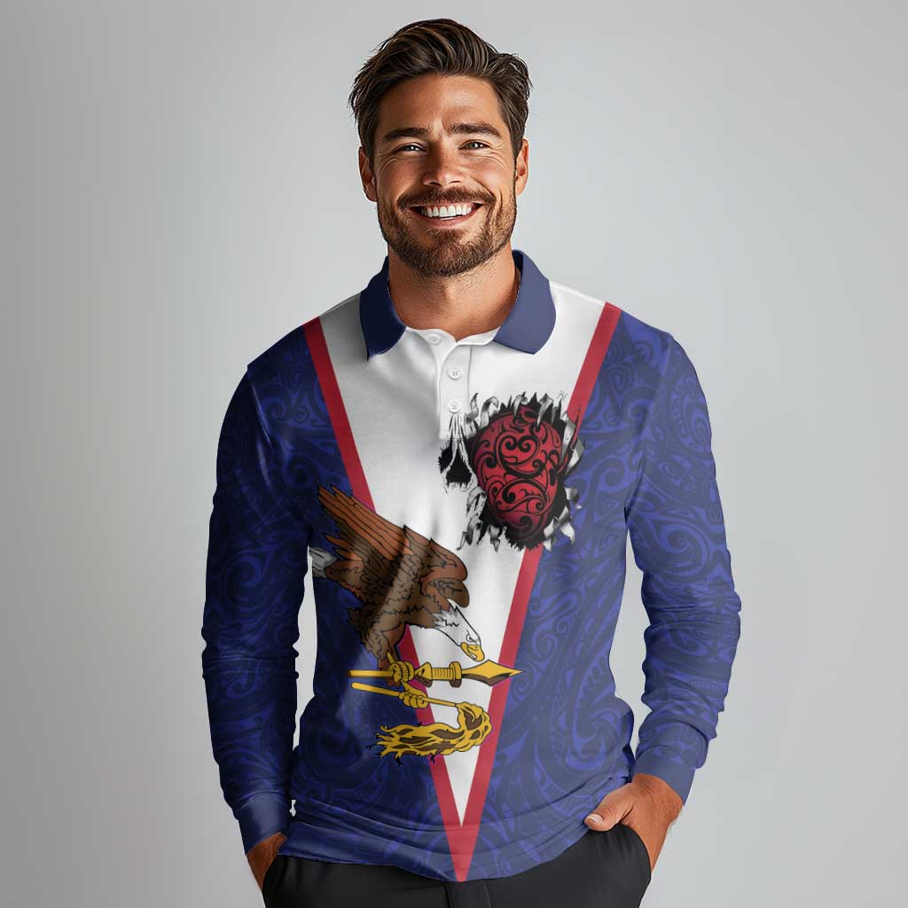 American Samoa Heart Tribal Personalized Long Sleeve Polo Shirt Polynesian Patterns