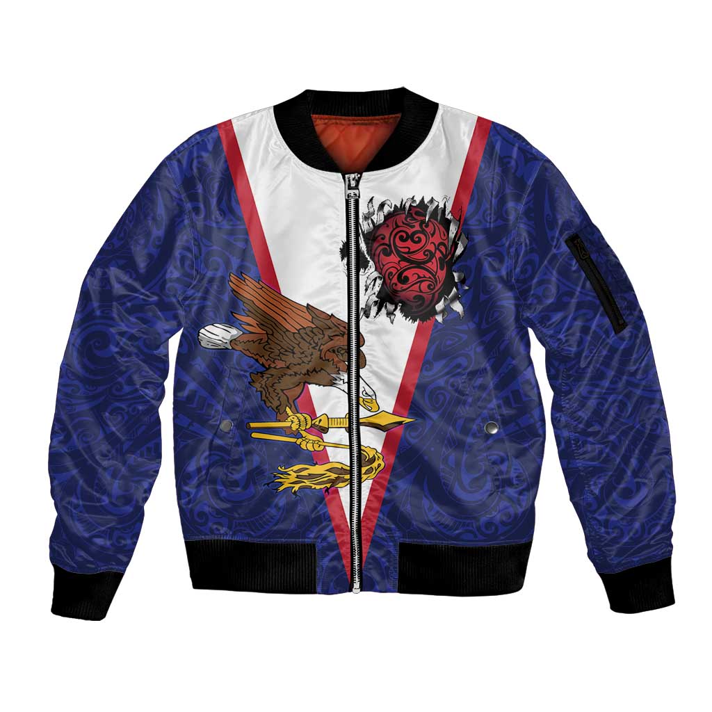 American Samoa Heart Tribal Personalized Sleeve Zip Bomber Jacket Polynesian Patterns
