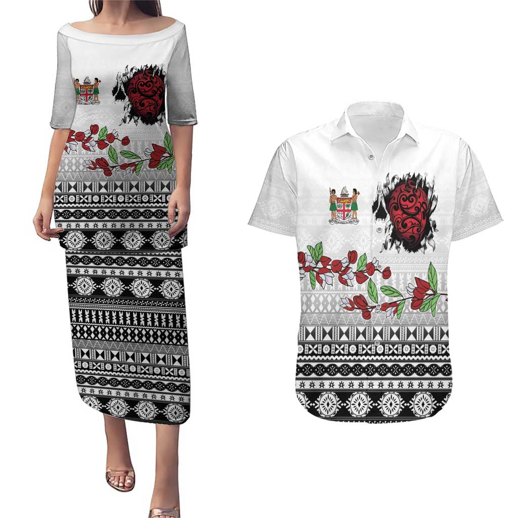 Fiji Heart Tribal Personalised Couples Matching Puletasi and Hawaiian Shirt Polynesian Patterns