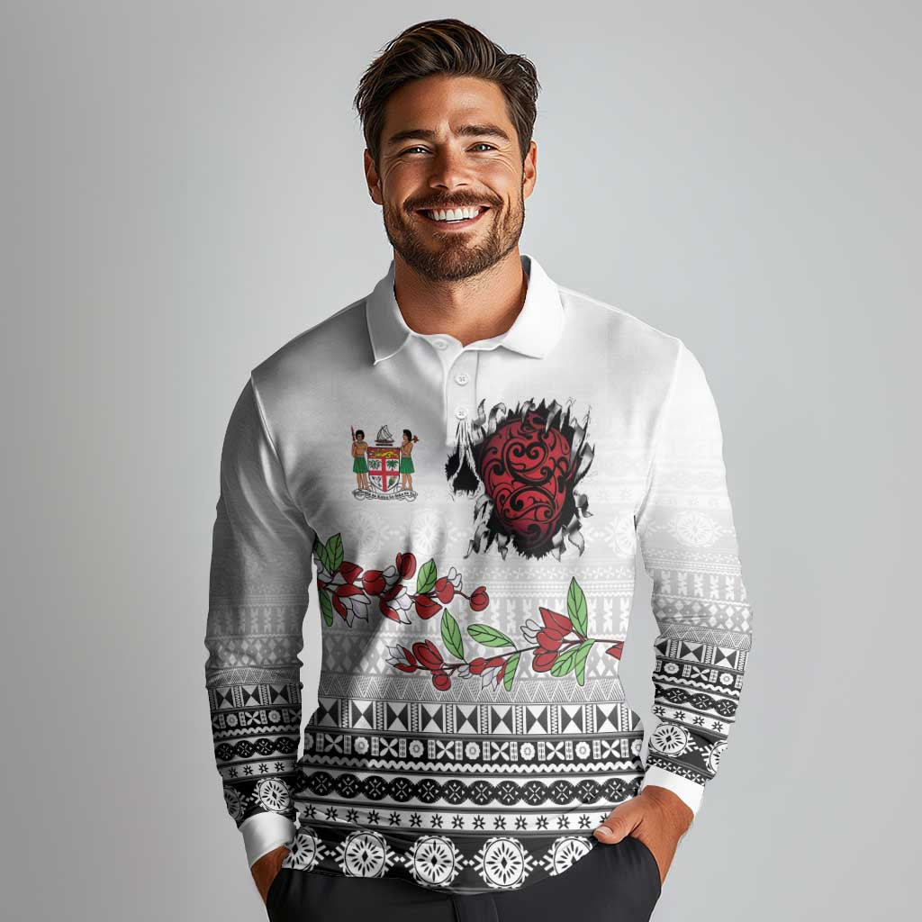 Fiji Heart Tribal Personalised Long Sleeve Polo Shirt Polynesian Patterns