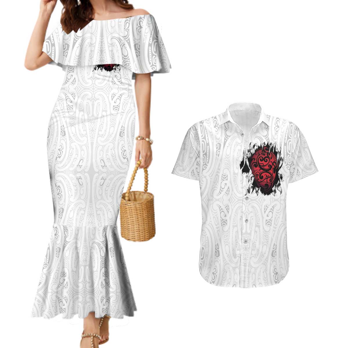 New Zealand Maori Heart Tribal Personalised Couples Matching Mermaid Dress and Hawaiian Shirt Polynesian Patterns