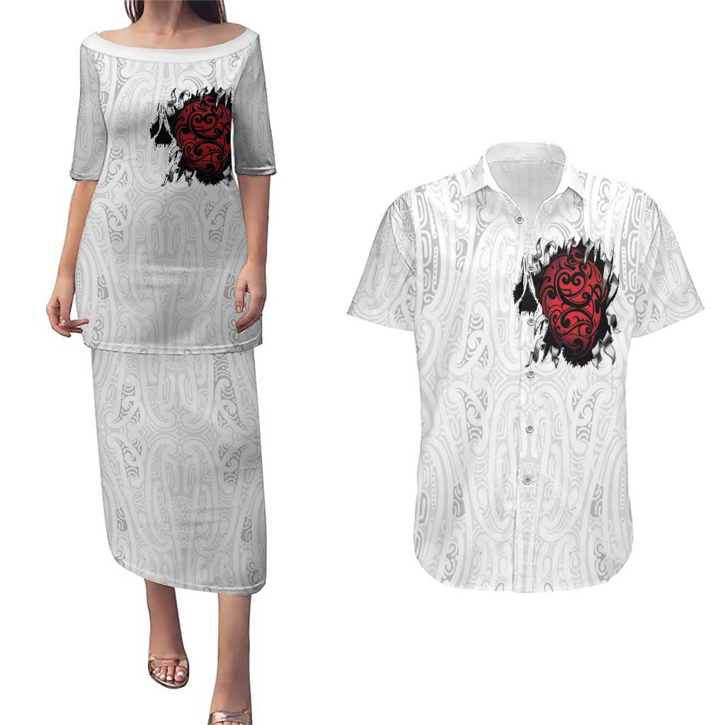 New Zealand Maori Heart Tribal Personalised Couples Matching Puletasi and Hawaiian Shirt Polynesian Patterns