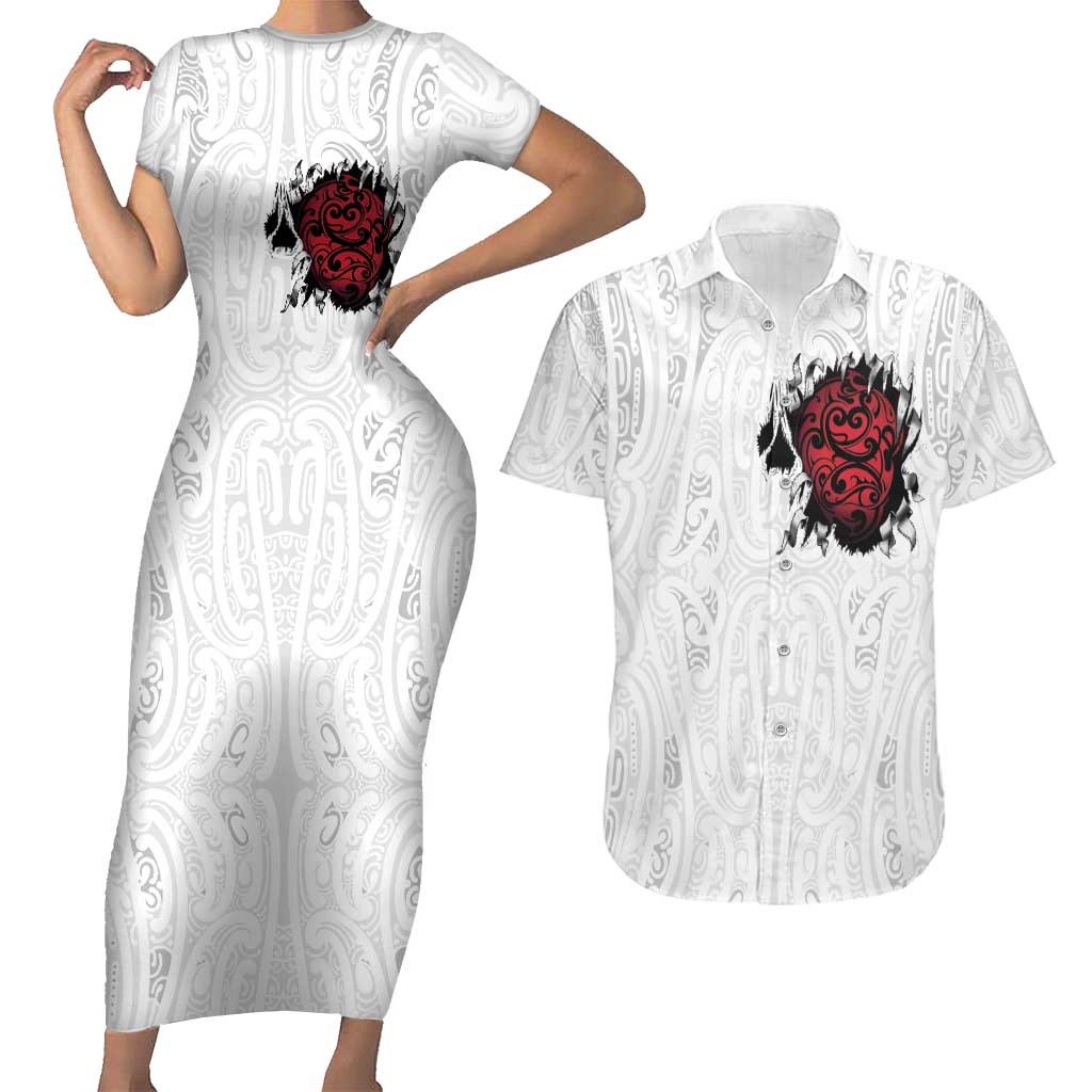 New Zealand Maori Heart Tribal Personalised Couples Matching Short Sleeve Bodycon Dress and Hawaiian Shirt Polynesian Patterns LT9 White - Polynesian Pride