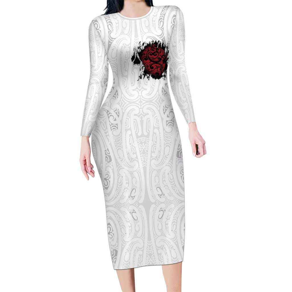 New Zealand Maori Heart Tribal Personalised Family Matching Long Sleeve Bodycon Dress and Hawaiian Shirt Polynesian Patterns LT9 Mom's Dress White - Polynesian Pride