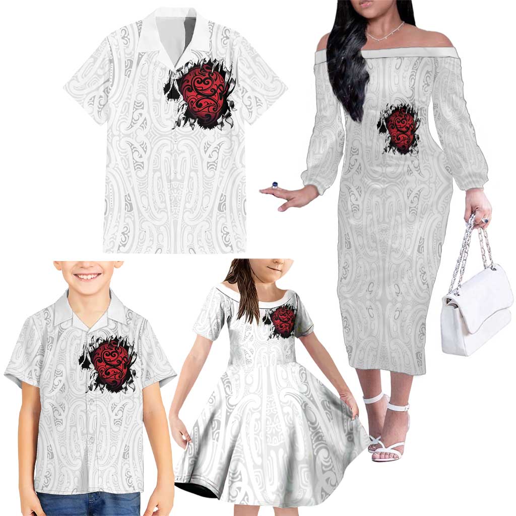 New Zealand Maori Heart Tribal Personalised Family Matching Off The Shoulder Long Sleeve Dress and Hawaiian Shirt Polynesian Patterns