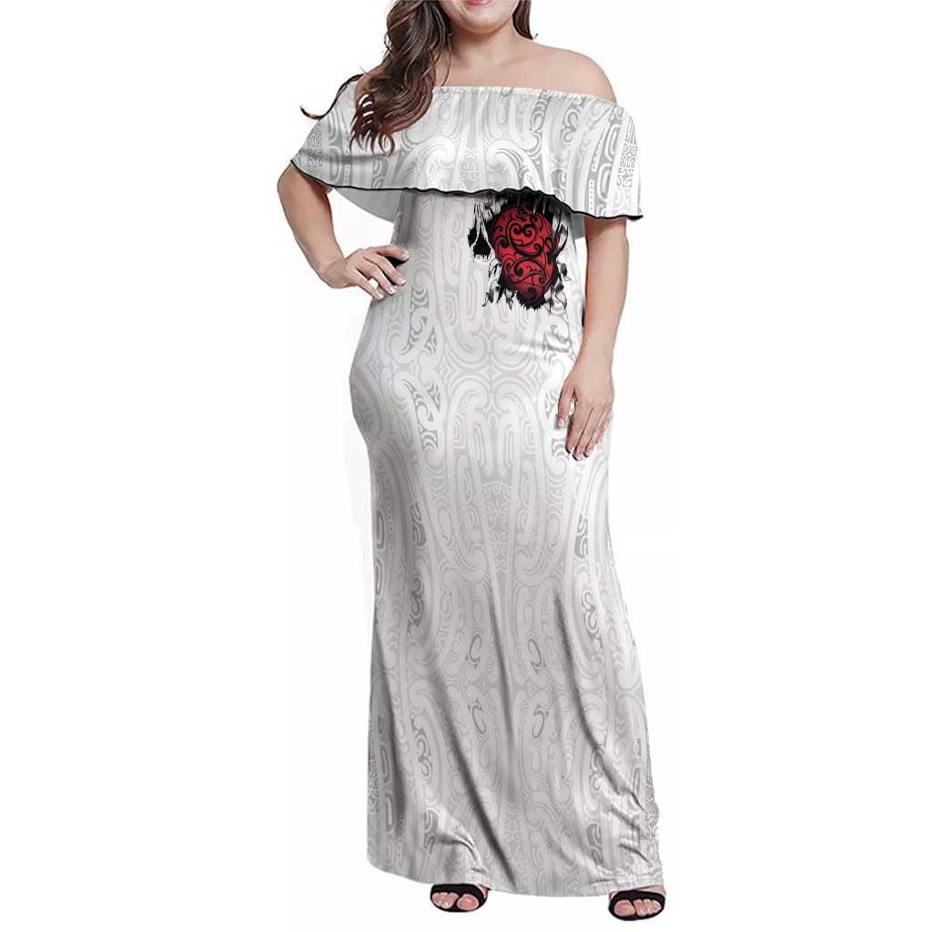 New Zealand Maori Heart Tribal Personalised Family Matching Off Shoulder Maxi Dress and Hawaiian Shirt Polynesian Patterns LT9 Mom's Dress White - Polynesian Pride