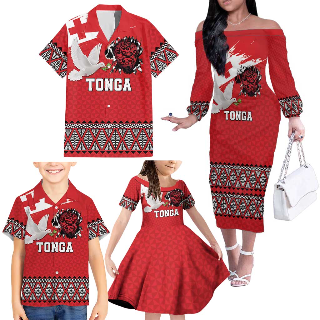 Tonga Heart Tribal Personalised Family Matching Off The Shoulder Long Sleeve Dress and Hawaiian Shirt Polynesian Patterns