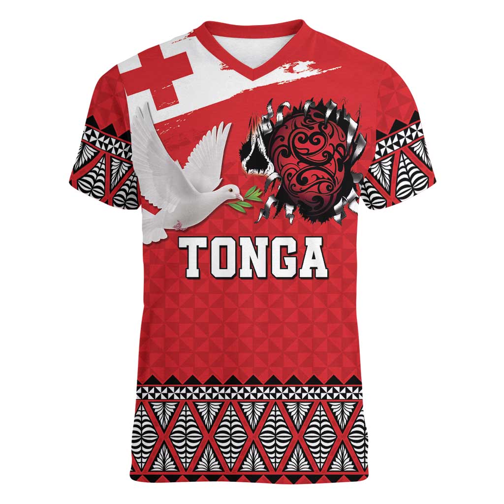 Tonga Heart Tribal Personalised Women V-Neck T-Shirt Polynesian Patterns