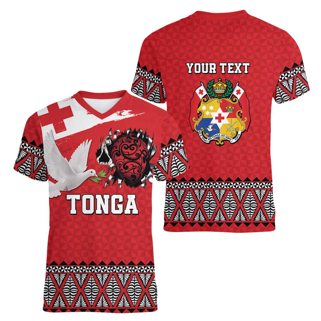 Tonga Heart Tribal Personalised Women V-Neck T-Shirt Polynesian Patterns
