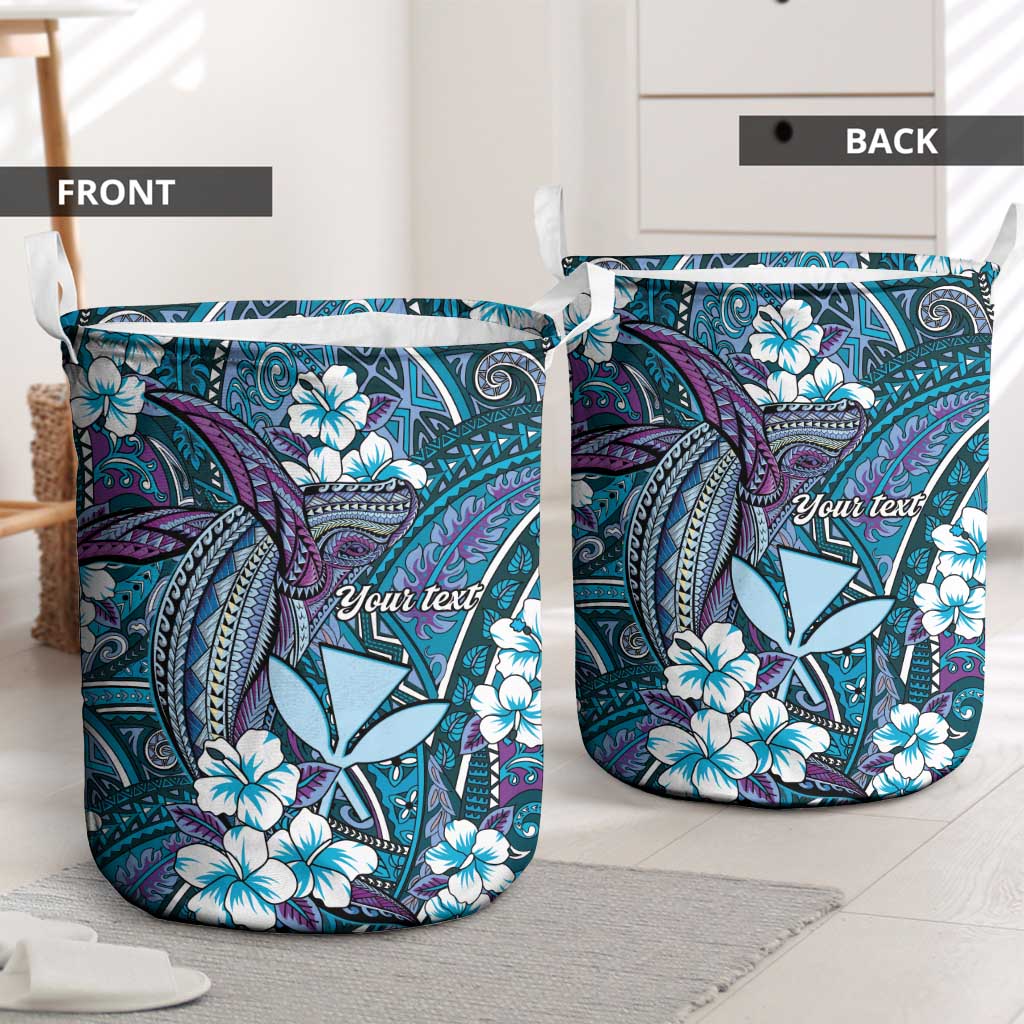 Personalised Hawaii Tribal Humpback Whale Laundry Basket Polu Hibiscus Seamless Pattern