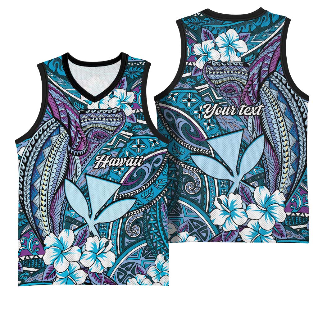 Personalised Hawaii Tribal Humpback Whale Basketball Jersey Polu Hibiscus Seamless Pattern