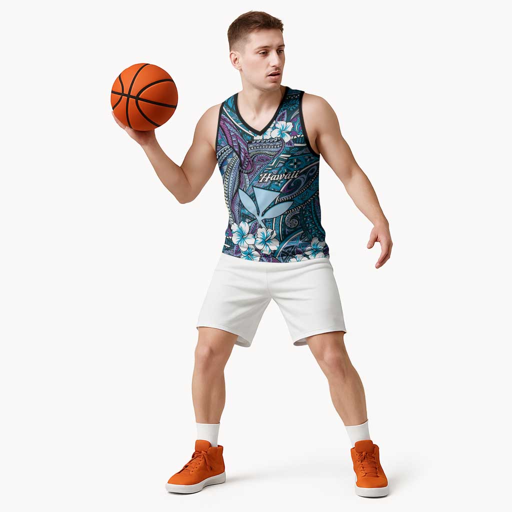 Personalised Hawaii Tribal Humpback Whale Basketball Jersey Polu Hibiscus Seamless Pattern