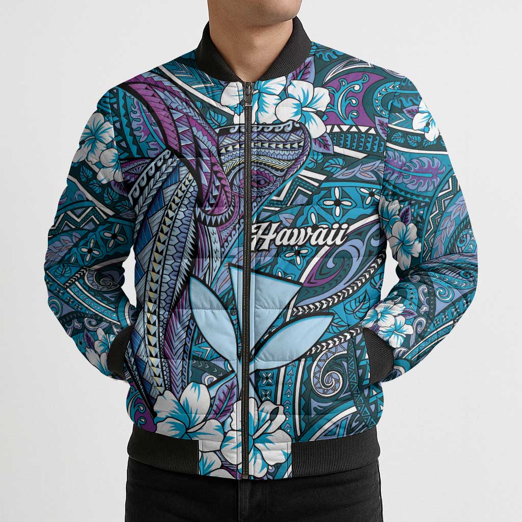 Personalised Hawaii Tribal Humpback Whale Bomber Puffer Jacket Polu Hibiscus Seamless Pattern