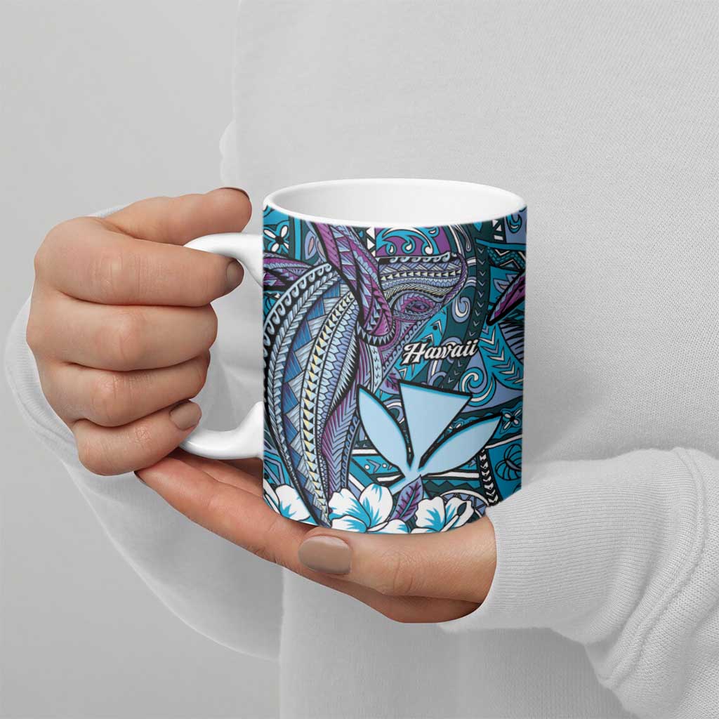 Personalised Hawaii Tribal Humpback Whale Ceramic Mug Polu Hibiscus Seamless Pattern