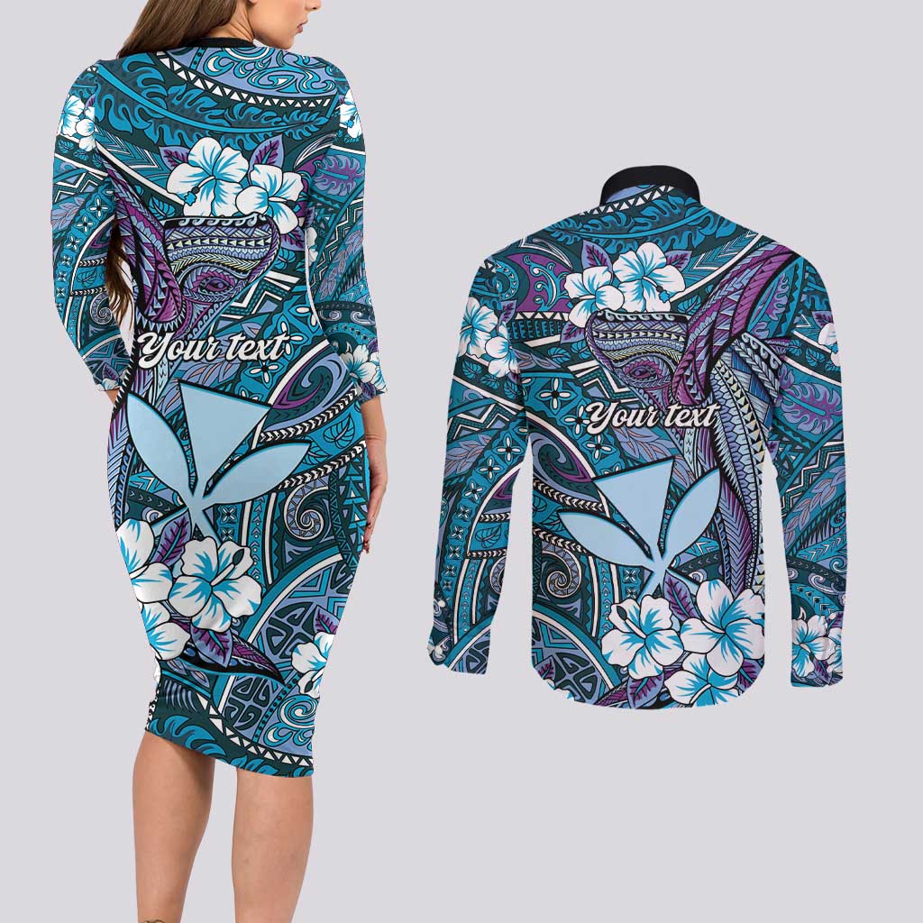 Personalised Hawaii Tribal Humpback Whale Couples Matching Long Sleeve Bodycon Dress and Long Sleeve Button Shirt Polu Hibiscus Seamless Pattern