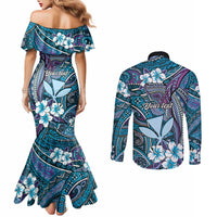 Personalised Hawaii Tribal Humpback Whale Couples Matching Mermaid Dress and Long Sleeve Button Shirt Polu Hibiscus Seamless Pattern