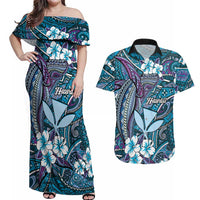 Personalised Hawaii Tribal Humpback Whale Couples Matching Off Shoulder Maxi Dress and Hawaiian Shirt Polu Hibiscus Seamless Pattern
