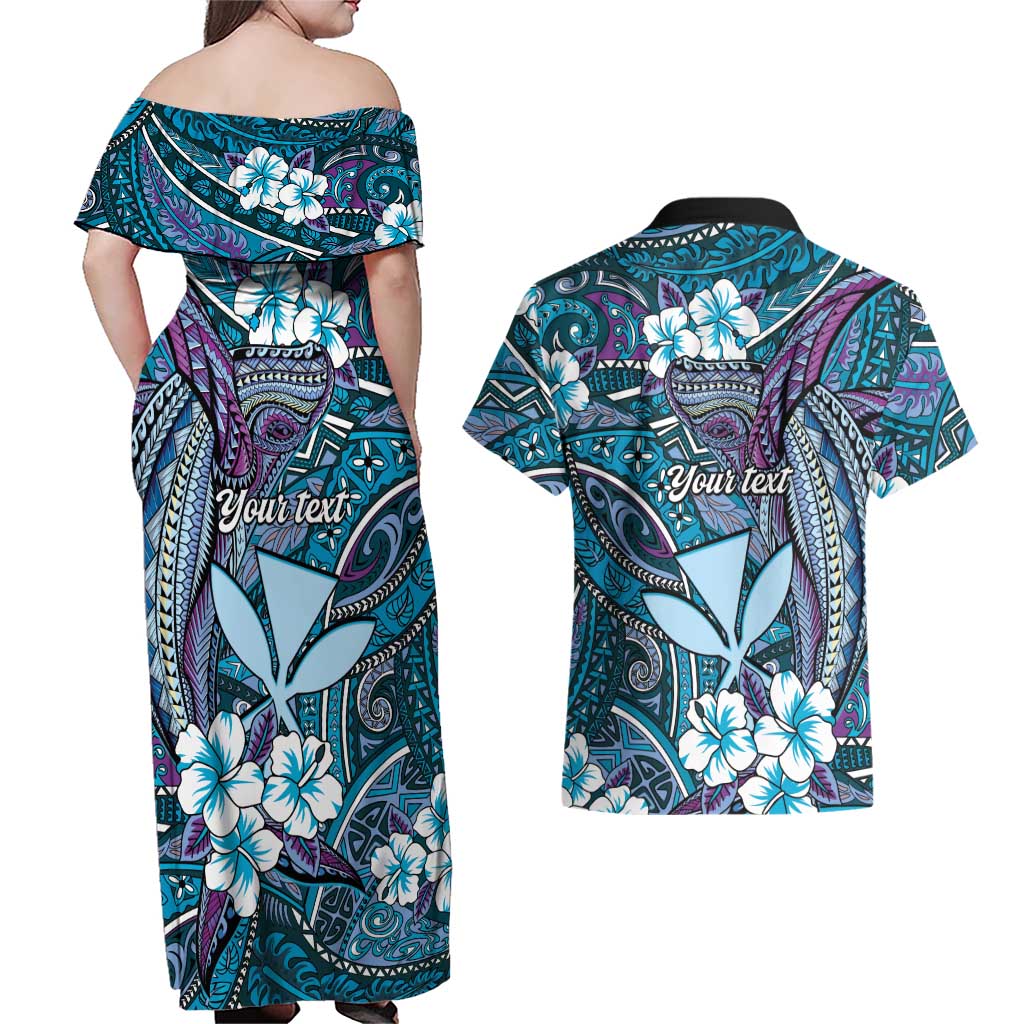 Personalised Hawaii Tribal Humpback Whale Couples Matching Off Shoulder Maxi Dress and Hawaiian Shirt Polu Hibiscus Seamless Pattern
