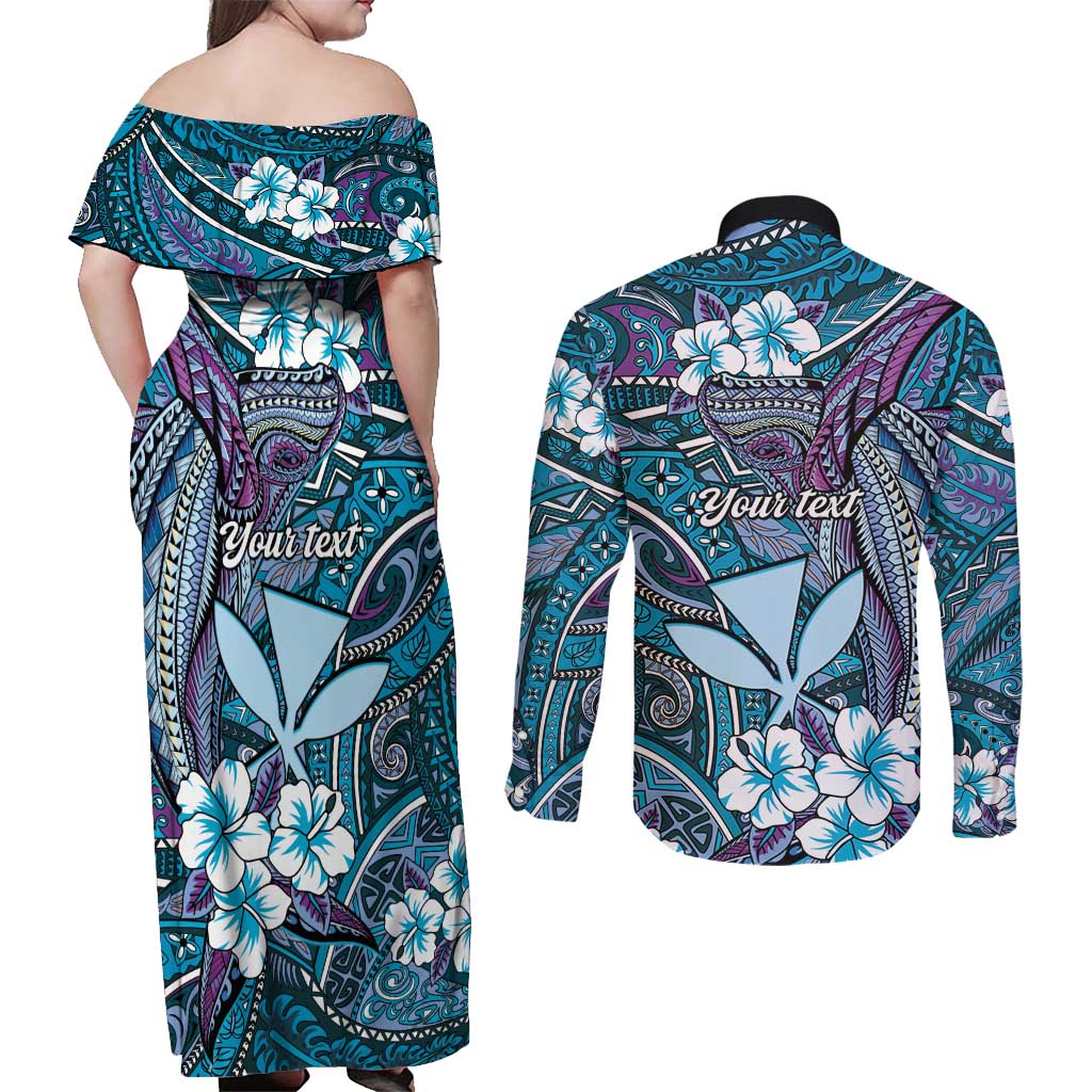 Personalised Hawaii Tribal Humpback Whale Couples Matching Off Shoulder Maxi Dress and Long Sleeve Button Shirt Polu Hibiscus Seamless Pattern