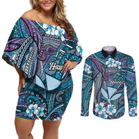 Personalised Hawaii Tribal Humpback Whale Couples Matching Off Shoulder Short Dress and Long Sleeve Button Shirt Polu Hibiscus Seamless Pattern