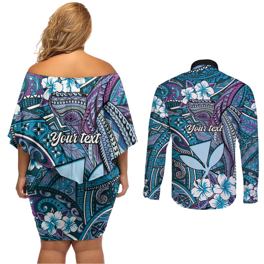 Personalised Hawaii Tribal Humpback Whale Couples Matching Off Shoulder Short Dress and Long Sleeve Button Shirt Polu Hibiscus Seamless Pattern