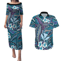 Personalised Hawaii Tribal Humpback Whale Couples Matching Puletasi and Hawaiian Shirt Polu Hibiscus Seamless Pattern