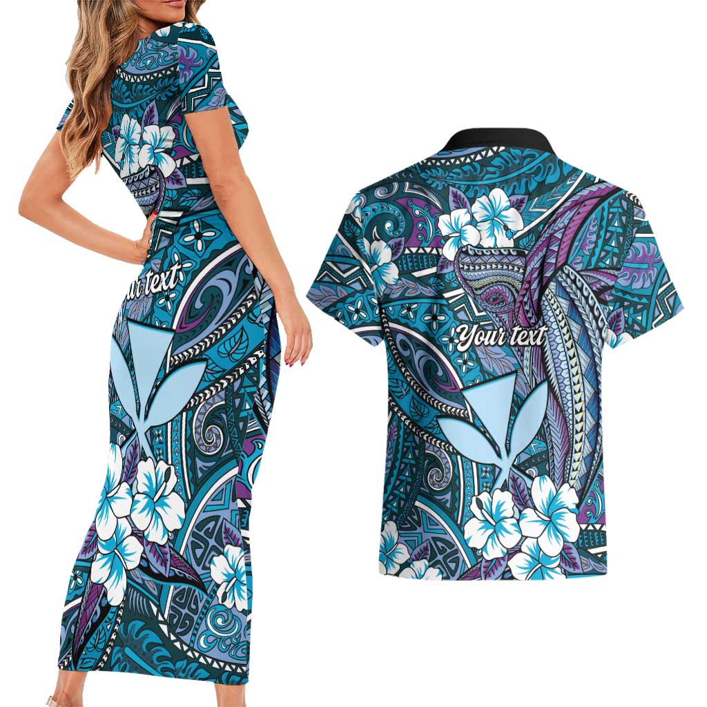 Personalised Hawaii Tribal Humpback Whale Couples Matching Short Sleeve Bodycon Dress and Hawaiian Shirt Polu Hibiscus Seamless Pattern