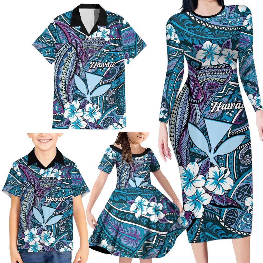 Personalised Hawaii Tribal Humpback Whale Family Matching Long Sleeve Bodycon Dress and Hawaiian Shirt Polu Hibiscus Seamless Pattern LT9 - Polynesian Pride