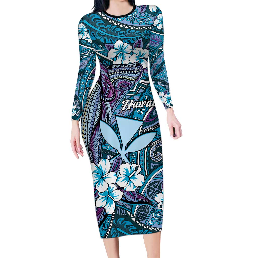 Personalised Hawaii Tribal Humpback Whale Family Matching Long Sleeve Bodycon Dress and Hawaiian Shirt Polu Hibiscus Seamless Pattern LT9 Mom's Dress Blue - Polynesian Pride