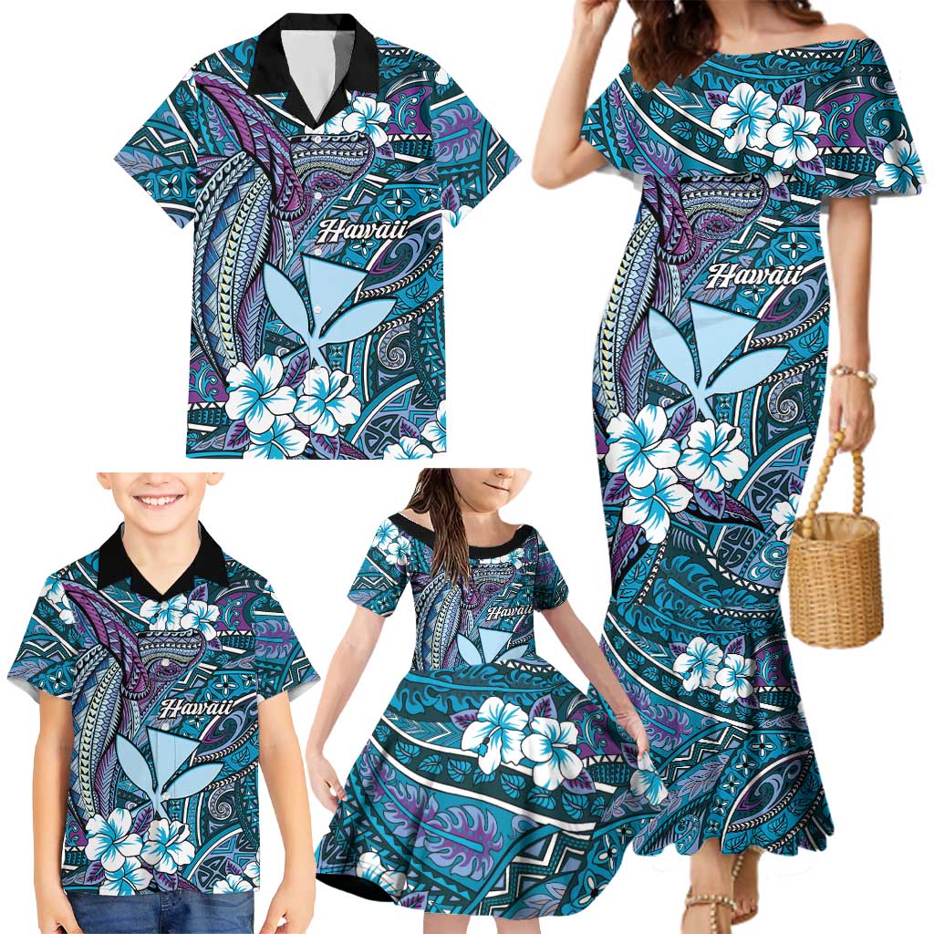 Personalised Hawaii Tribal Humpback Whale Family Matching Mermaid Dress and Hawaiian Shirt Polu Hibiscus Seamless Pattern