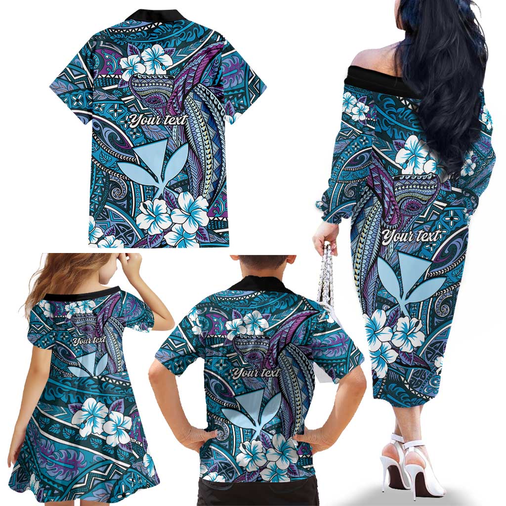 Personalised Hawaii Tribal Humpback Whale Family Matching Off The Shoulder Long Sleeve Dress and Hawaiian Shirt Polu Hibiscus Seamless Pattern LT9 - Polynesian Pride