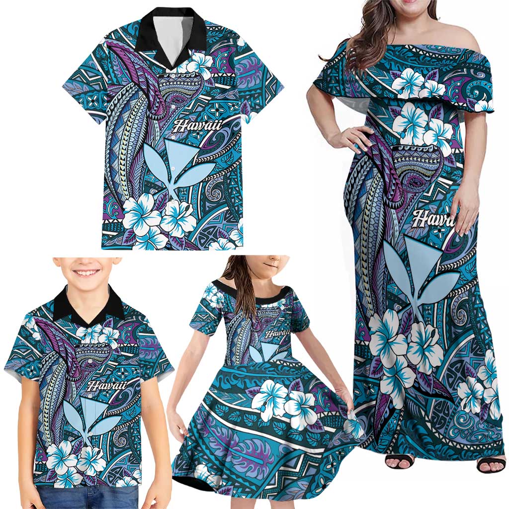 Personalised Hawaii Tribal Humpback Whale Family Matching Off Shoulder Maxi Dress and Hawaiian Shirt Polu Hibiscus Seamless Pattern