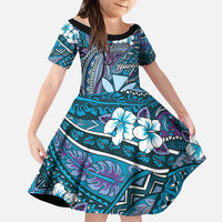 Personalised Hawaii Tribal Humpback Whale Family Matching Off Shoulder Short Dress and Hawaiian Shirt Polu Hibiscus Seamless Pattern LT9 Daughter's Dress Blue - Polynesian Pride