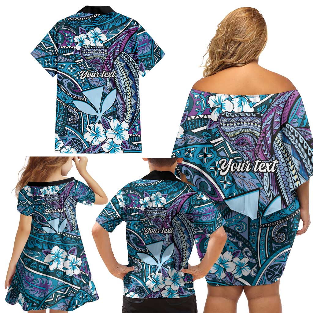 Personalised Hawaii Tribal Humpback Whale Family Matching Off Shoulder Short Dress and Hawaiian Shirt Polu Hibiscus Seamless Pattern LT9 - Polynesian Pride