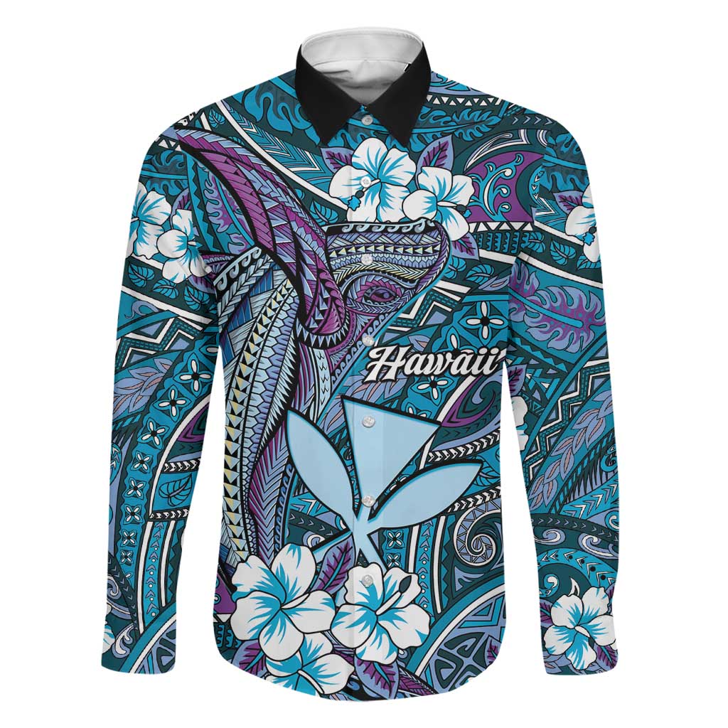 Personalised Hawaii Tribal Humpback Whale Family Matching Off Shoulder Short Dress and Hawaiian Shirt Polu Hibiscus Seamless Pattern LT9 Dad's Shirt - Long Sleeve Blue - Polynesian Pride