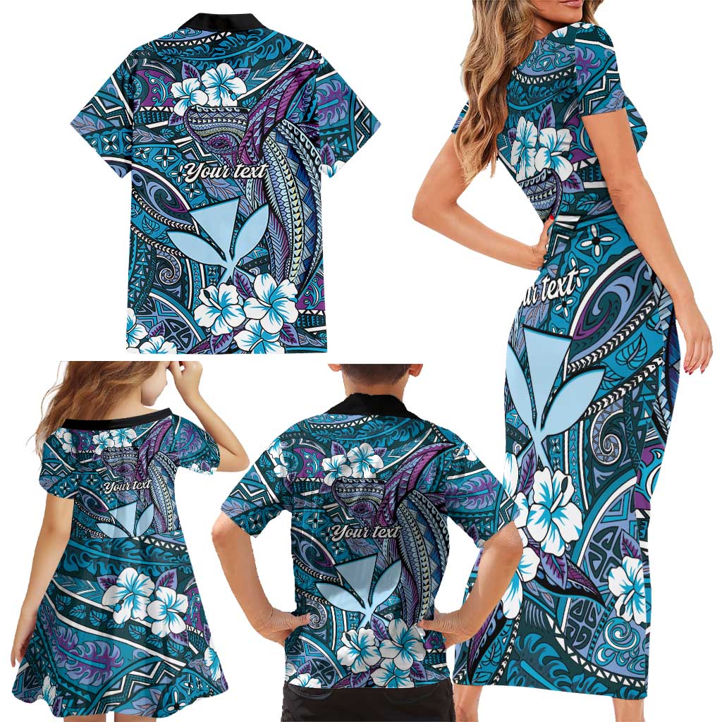 Personalised Hawaii Tribal Humpback Whale Family Matching Short Sleeve Bodycon Dress and Hawaiian Shirt Polu Hibiscus Seamless Pattern LT9 - Polynesian Pride