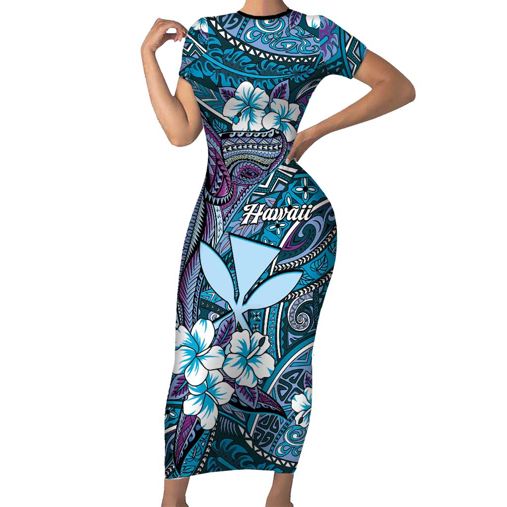 Personalised Hawaii Tribal Humpback Whale Family Matching Short Sleeve Bodycon Dress and Hawaiian Shirt Polu Hibiscus Seamless Pattern LT9 Mom's Dress Blue - Polynesian Pride