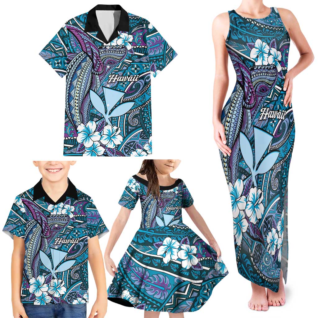Personalised Hawaii Tribal Humpback Whale Family Matching Tank Maxi Dress and Hawaiian Shirt Polu Hibiscus Seamless Pattern