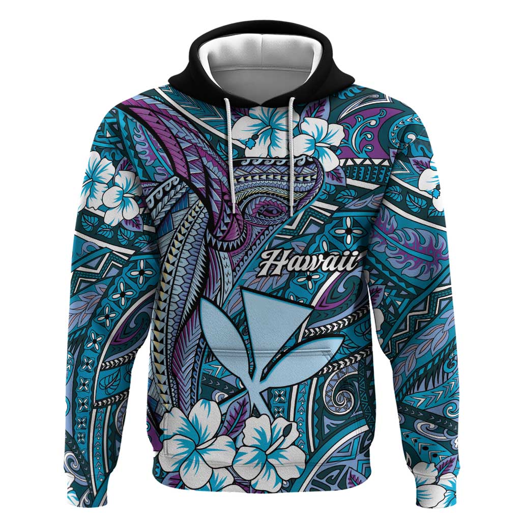 Personalised Hawaii Tribal Humpback Whale Hoodie Polu Hibiscus Seamless Pattern