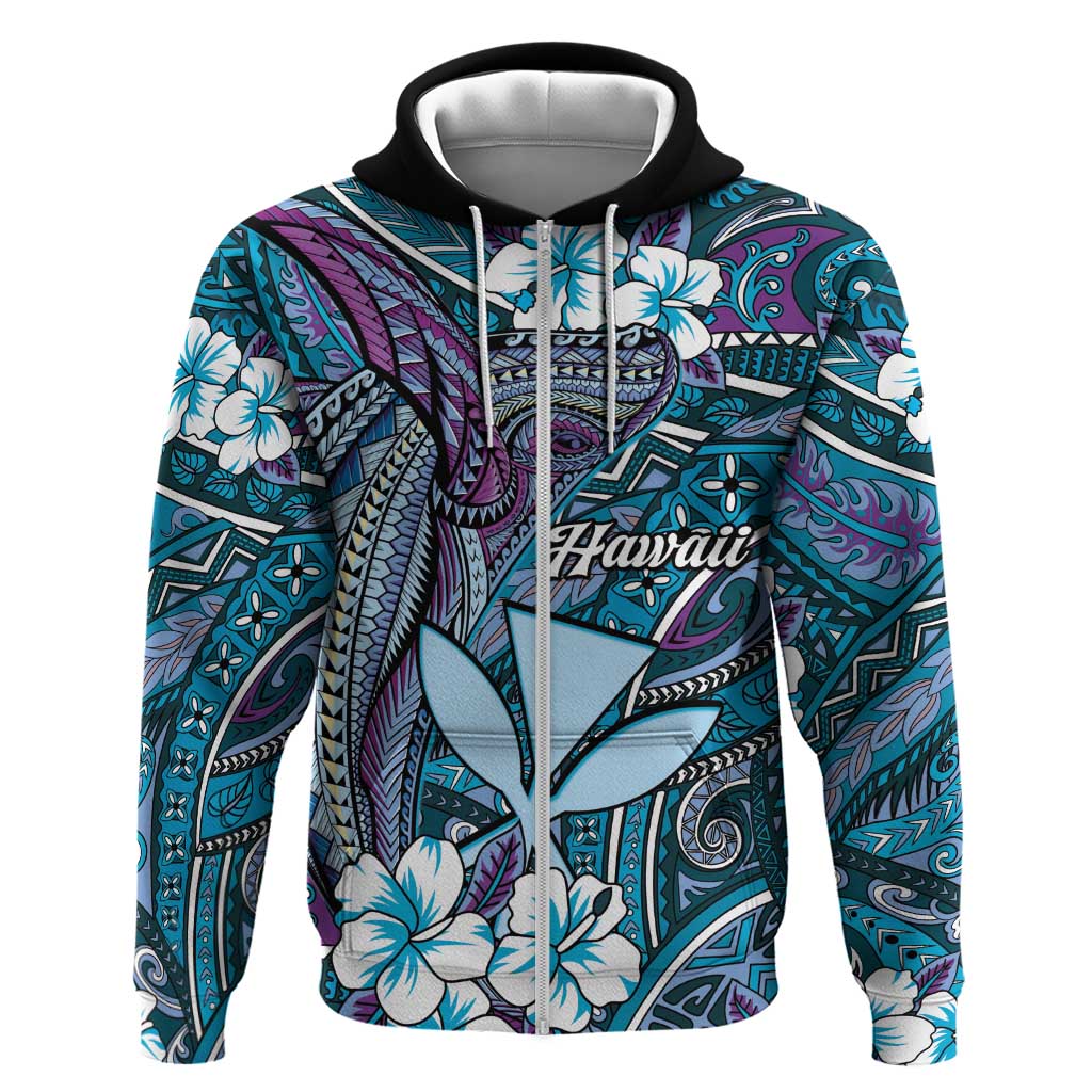 Personalised Hawaii Tribal Humpback Whale Hoodie Polu Hibiscus Seamless Pattern