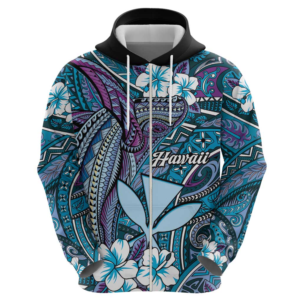Personalised Hawaii Tribal Humpback Whale Hoodie Polu Hibiscus Seamless Pattern