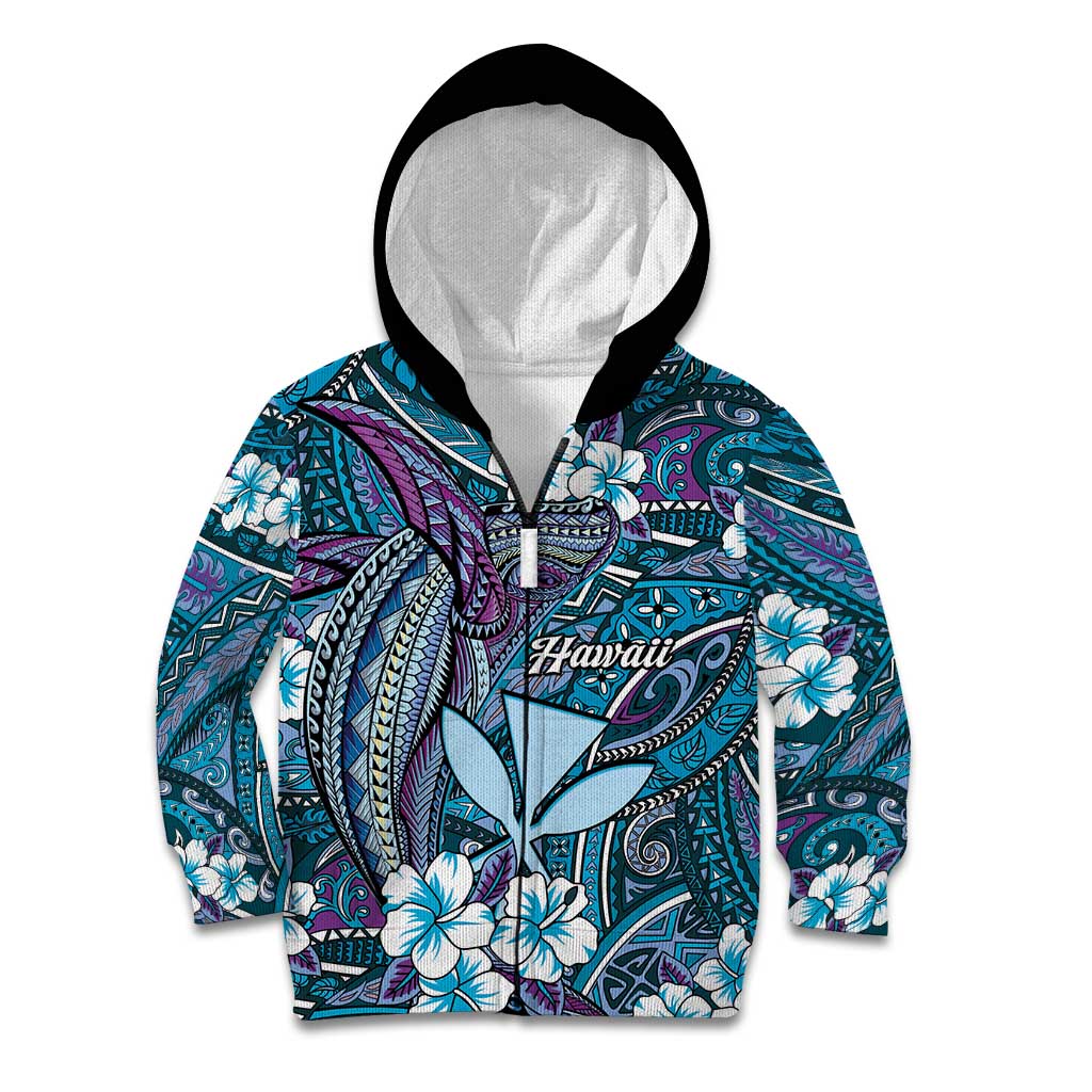 Personalised Hawaii Tribal Humpback Whale Kid Hoodie Polu Hibiscus Seamless Pattern