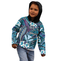 Personalised Hawaii Tribal Humpback Whale Kid Hoodie Polu Hibiscus Seamless Pattern