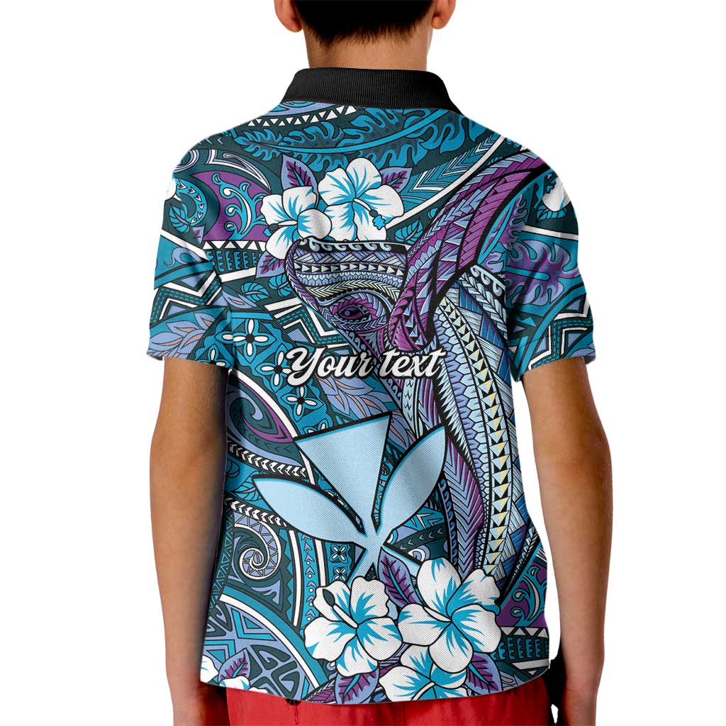 Personalised Hawaii Tribal Humpback Whale Kid Polo Shirt Polu Hibiscus Seamless Pattern