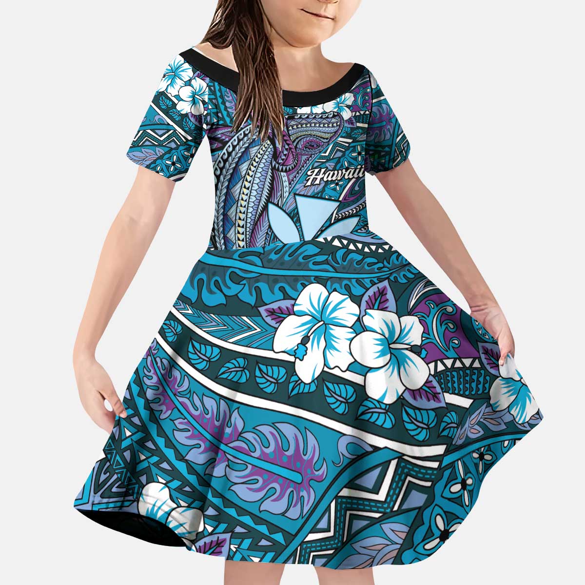 Personalised Hawaii Tribal Humpback Whale Kid Short Sleeve Dress Polu Hibiscus Seamless Pattern