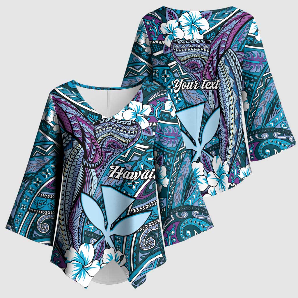 Personalised Hawaii Tribal Humpback Whale Kimono Sleeve Blouse Polu Hibiscus Seamless Pattern