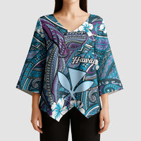 Personalised Hawaii Tribal Humpback Whale Kimono Sleeve Blouse Polu Hibiscus Seamless Pattern